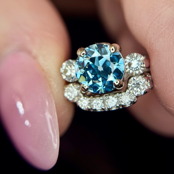 2.55 ctw Old European Cut Blue Lab and Natural Diamond Wedding Set - Picture 11 of 17